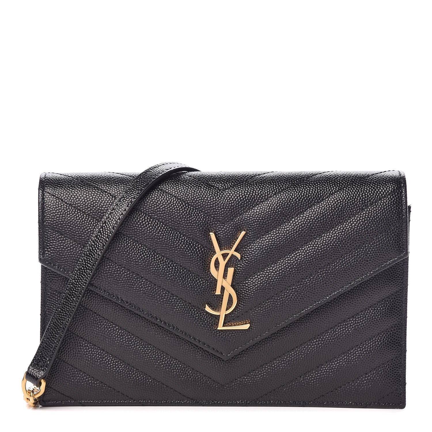 Saint Laurent Grain De Poudre Matelasse Chevron Monogram Envelope Chain Wallet Black 1 of 10