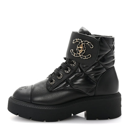 Chanel Lambskin Calfskin Quilted Lace Up Combat Boots 37 Black 1 of 10