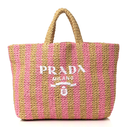 Prada Yarn Raffia Effect Crochet Striped Large Logo Tote Naturale Petalo 1 of 8