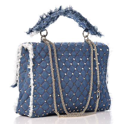 Valentino Garavani Denim Fringe Maxi Rockstud Spike Shoulder Bag Blue 3 of 8