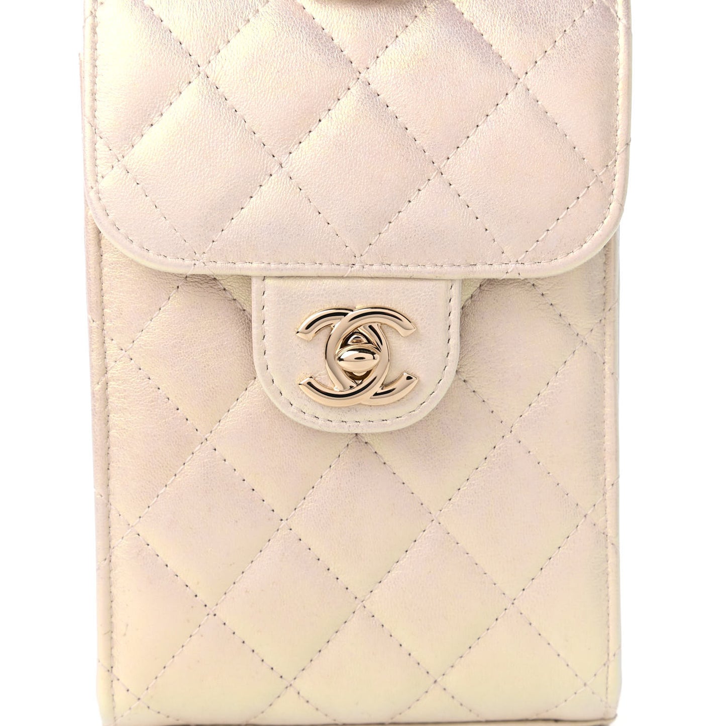 Iridescent Lambskin Quilted CC Phone Holder Ivory