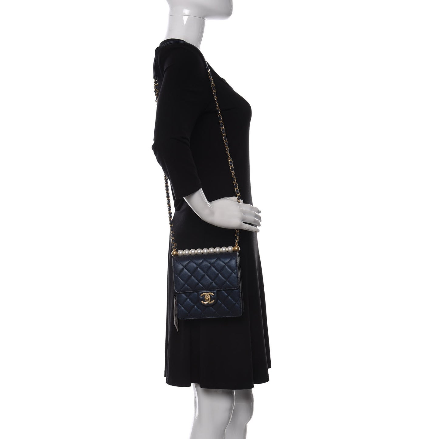 Iridescent Lambskin Quilted Chic Pearls Flap Navy Blue