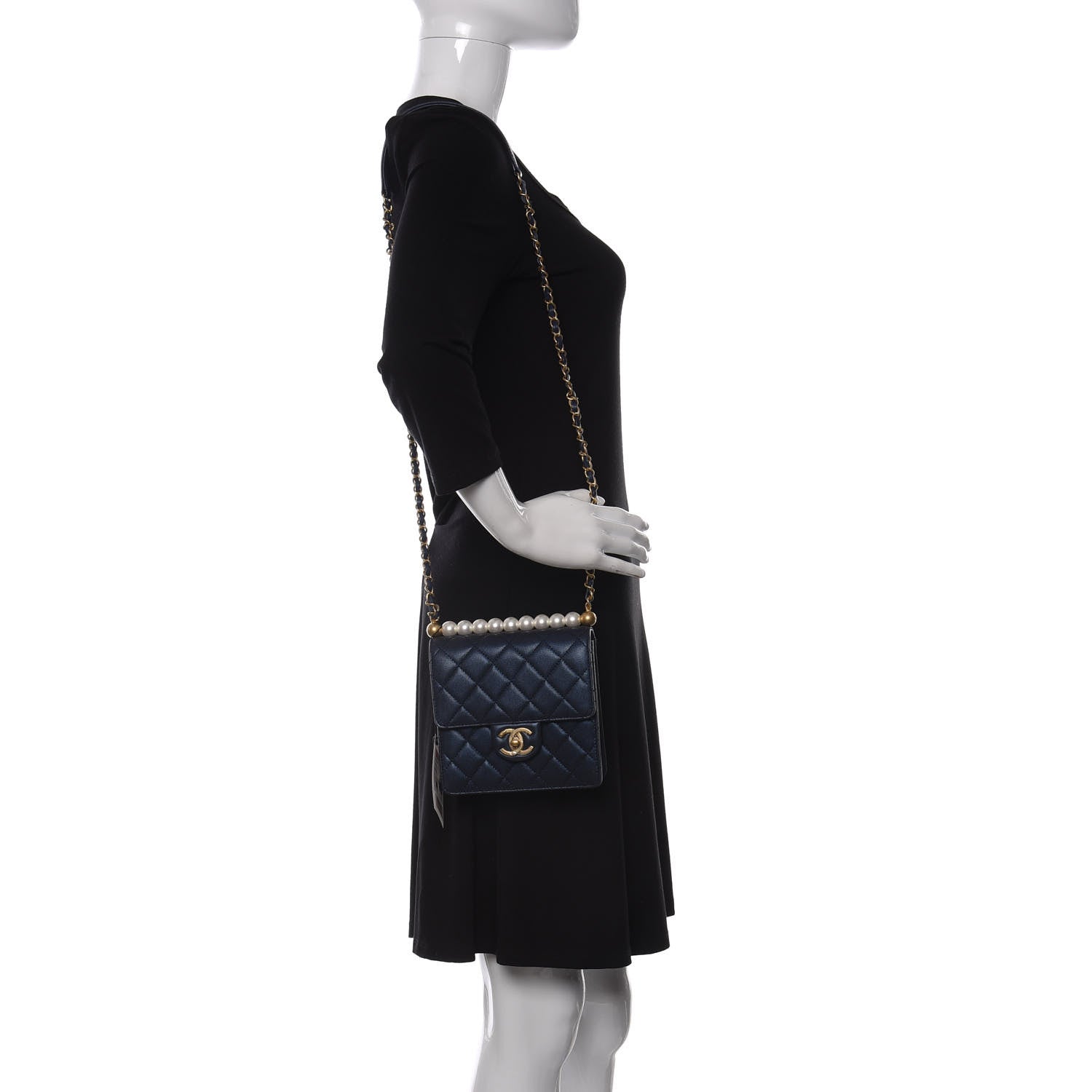 Chanel Iridescent Lambskin Quilted Chic Pearls Flap Navy Blue 2 of 11