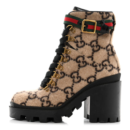 Gucci Covered Wool GG Monogram Womens Lace Up Combat Ankle Boots 36 Beige Ebony Black 1 of 8