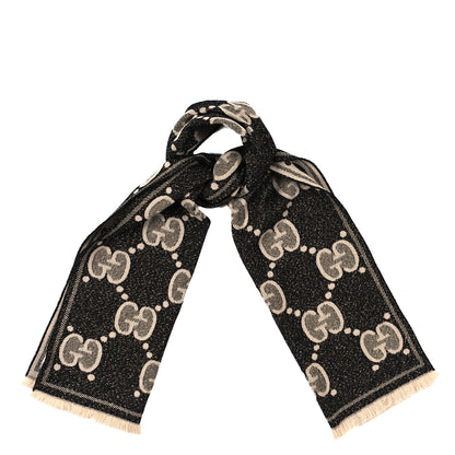 Gucci Wool Lame Jacquard Monogram Jumbo GG Lady Nest Lux Scarf Black Ivory 1 of 5
