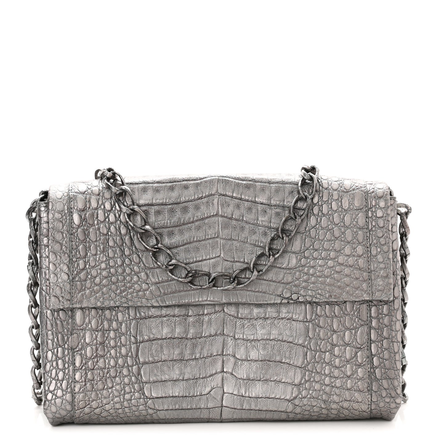 Metallic Crocodile Flap Chain Shoulder Bag Grey