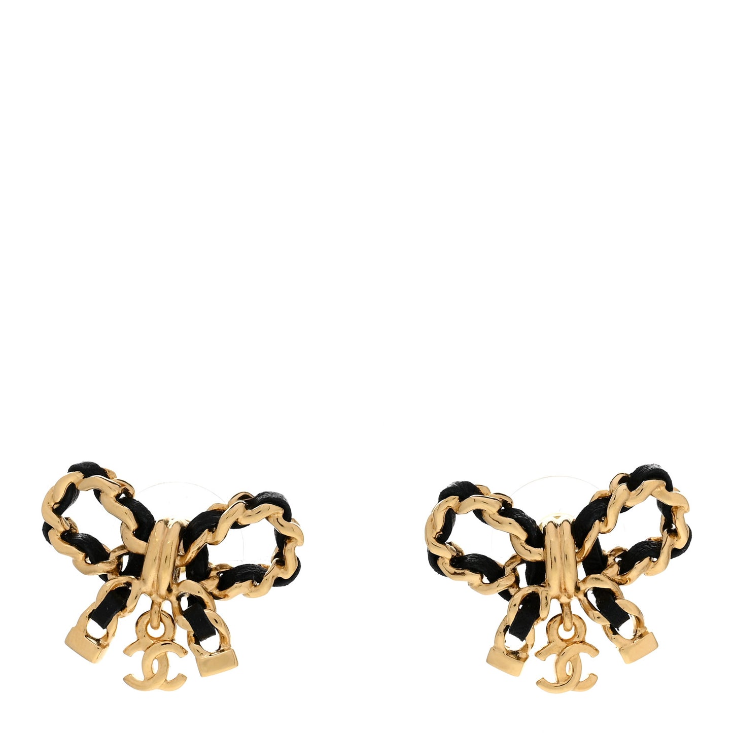 Lambskin Chain Bow Stud Earrings Black Gold