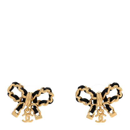 Chanel Lambskin Chain Bow Stud Earrings Black Gold 1 of 5