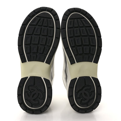 Chanel Fabric Laminated Calfskin Stretch CC Sneakers 38 White Silver 6 of 9