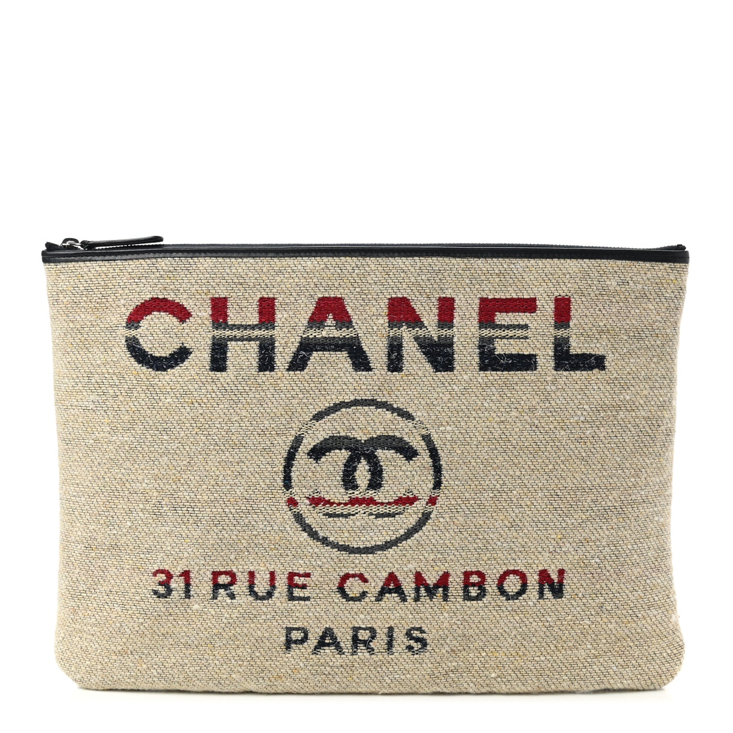 Striped Canvas Deauville Pouch Clutch Beige