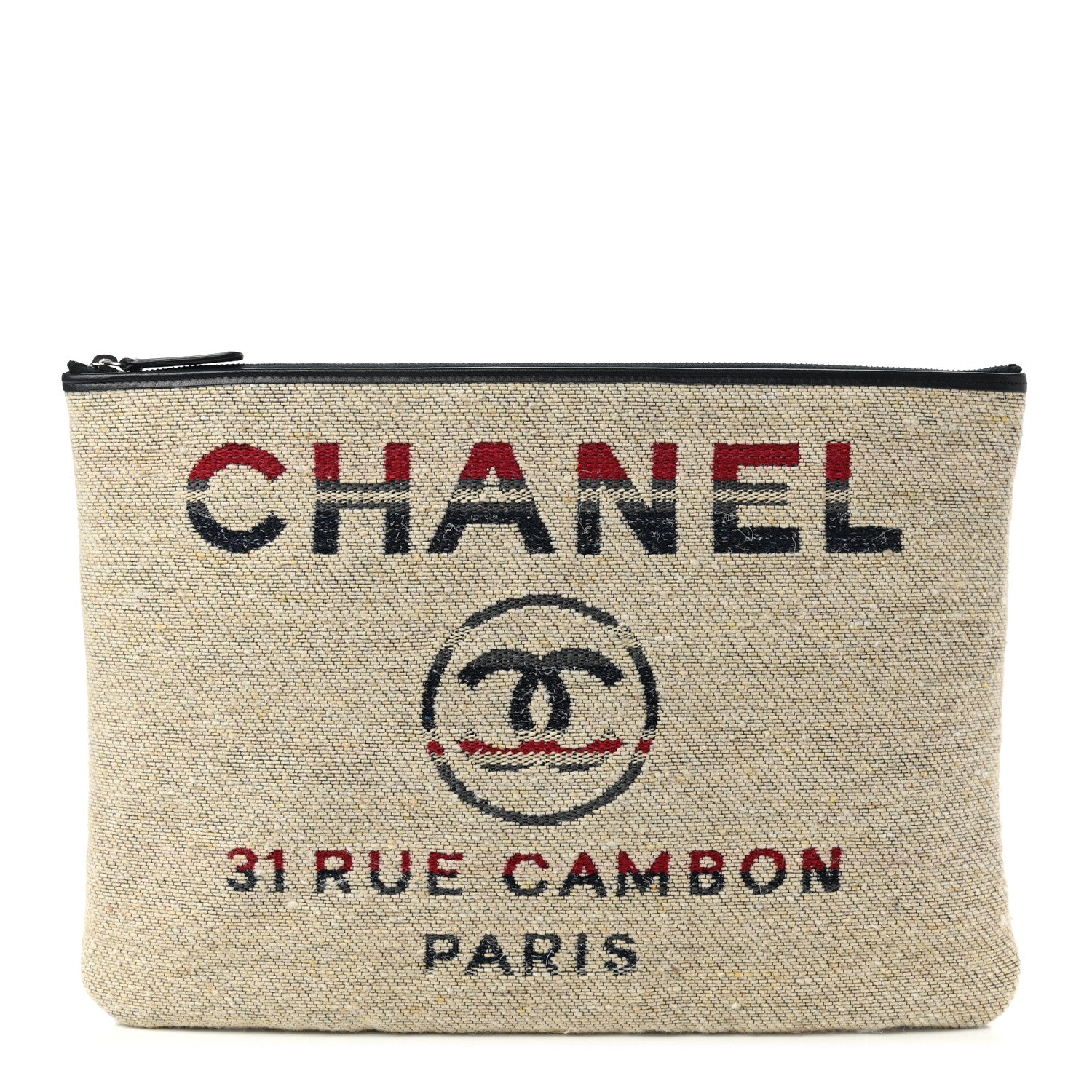 Chanel Striped Canvas Deauville Pouch Clutch Beige 1 of 7