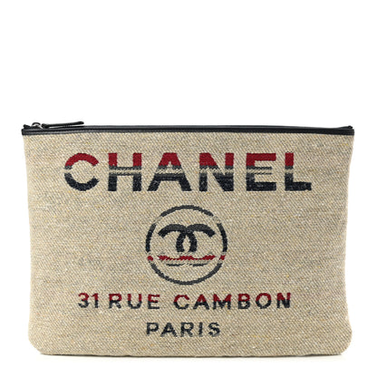 Chanel Striped Canvas Deauville Pouch Clutch Beige 1 of 7