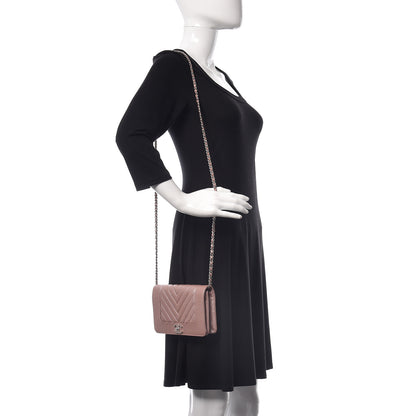 Chanel Metallic Caviar Chevron Quilted Vintage Mademoiselle Wallet On Chain WOC Pink 2 of 11