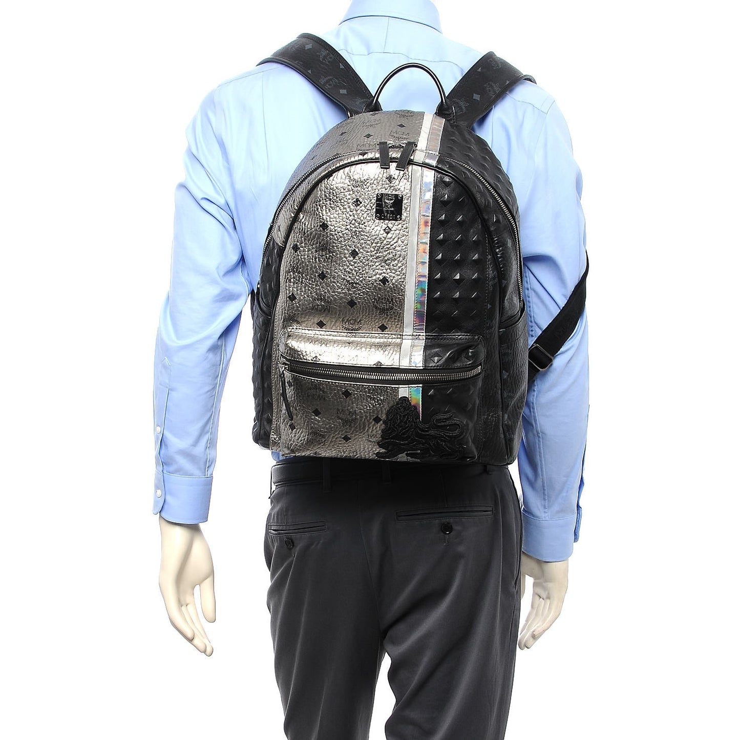 Metallic Visetos Calfskin Medium Studded Munich Lion Stark Backpack Silver Black