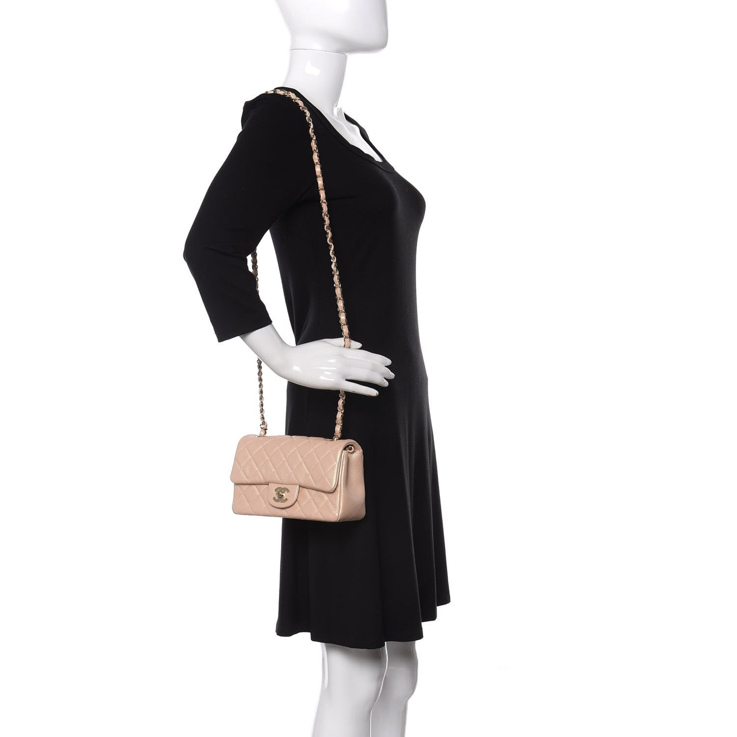Iridescent Calfskin Quilted Mini Rectangular Flap Beige