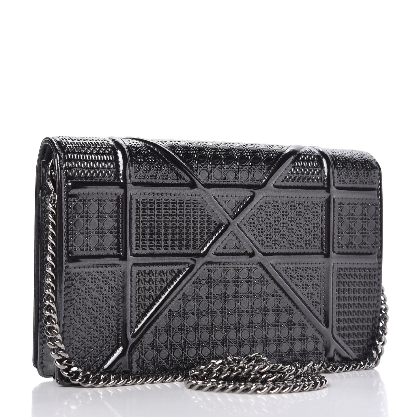 Metallic Patent Micro-Cannage Diorama Wallet on Chain Pouch Onyx Black
