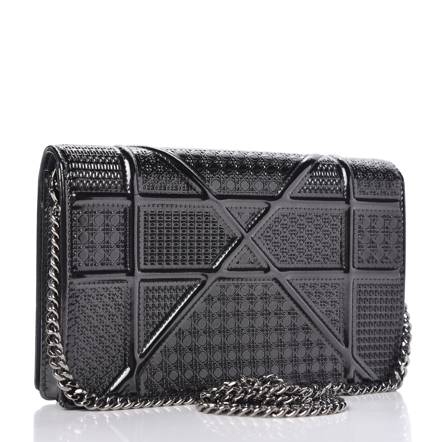 Christian Dior Metallic Patent Micro-Cannage Diorama Wallet on Chain Pouch Onyx Black 3 of 9