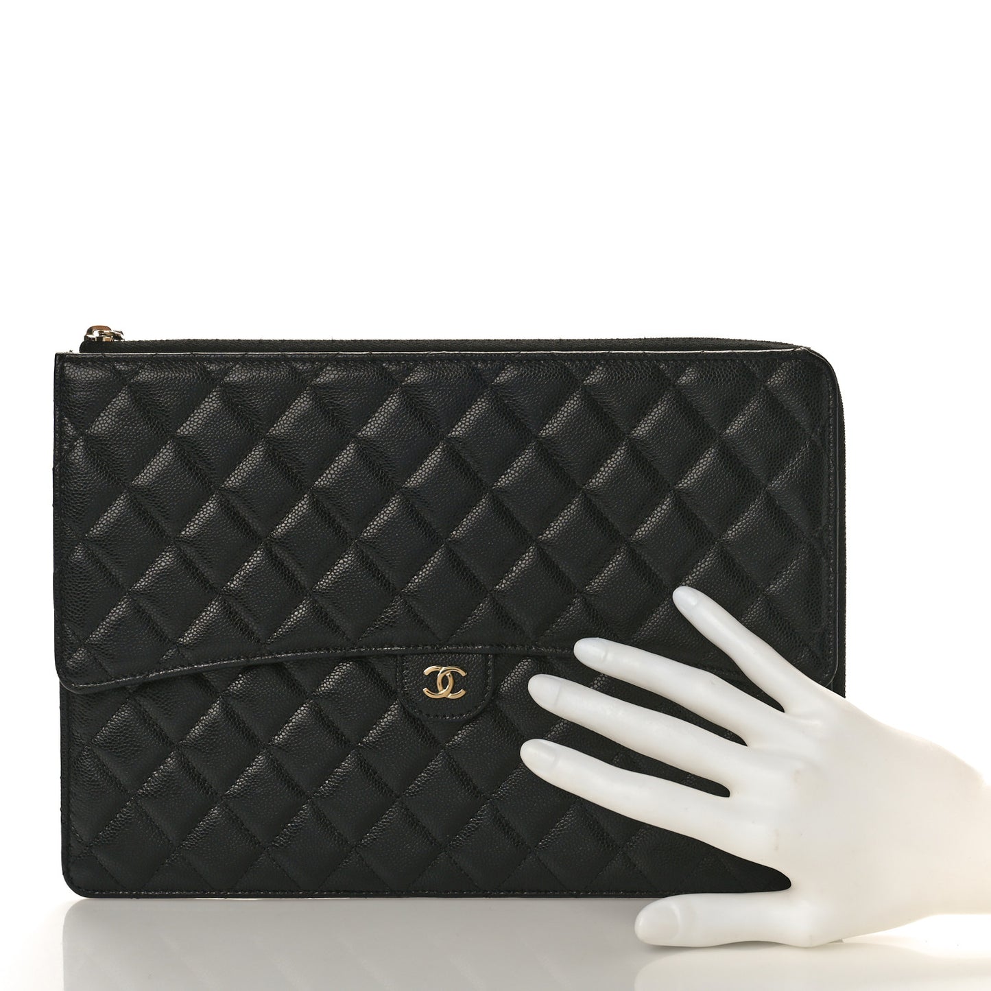 Caviar Quilted Large Flap Zip Clutch Black