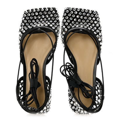 Bottega Veneta Mesh Nappa Crystal Embellished Sparkle Stretch Ankle Tie Flats 36 Black 2 of 9