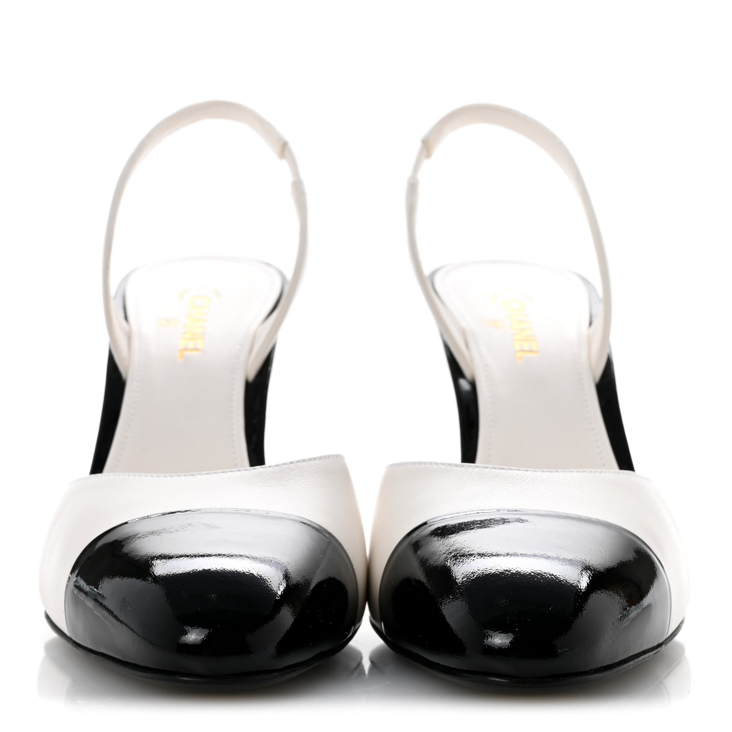 Lambskin Patent Cap Toe CC Apple Slingback Pumps 40 White Black