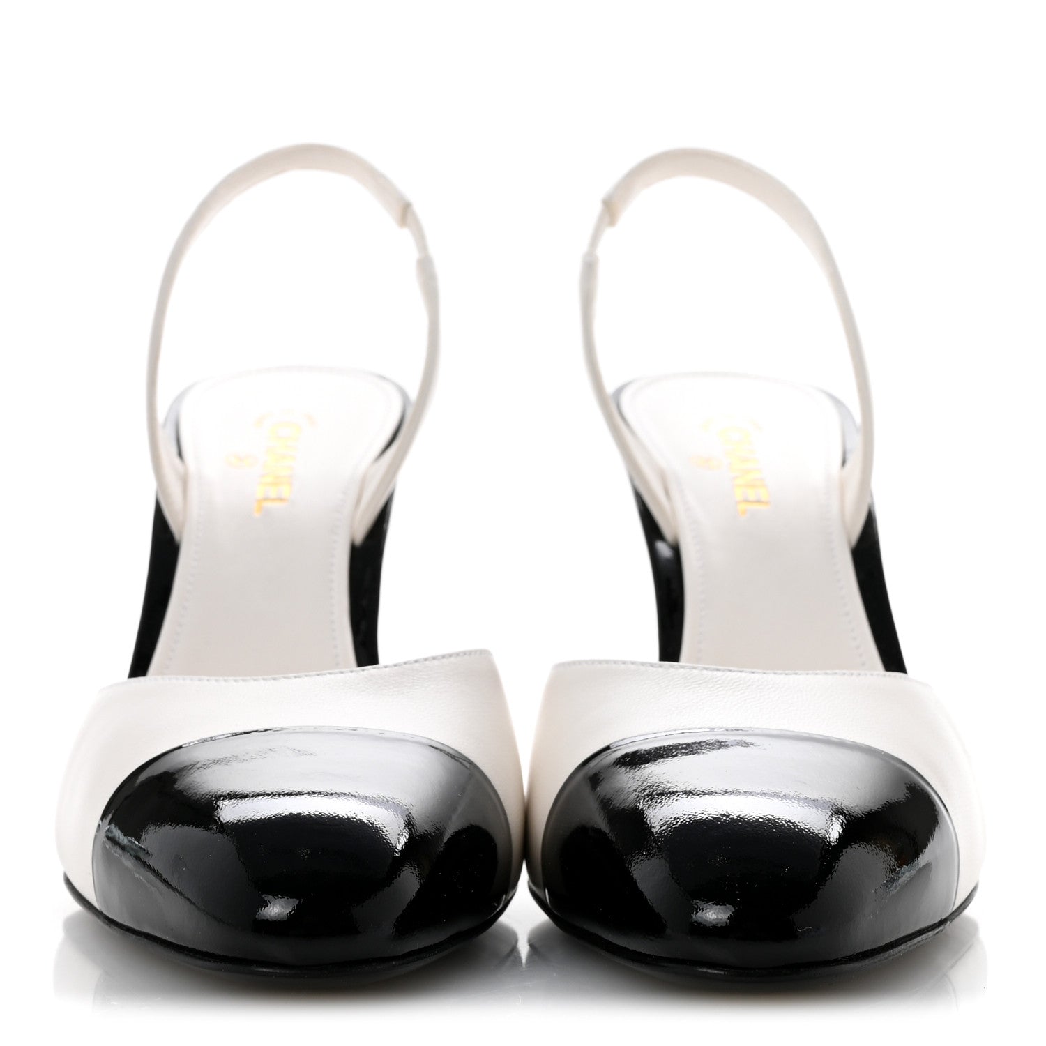 Chanel Lambskin Patent Cap Toe CC Apple Slingback Pumps 40 White Black 3 of 10