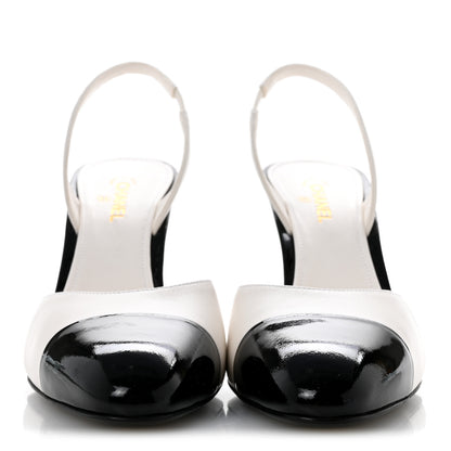 Chanel Lambskin Patent Cap Toe CC Apple Slingback Pumps 40 White Black 3 of 10