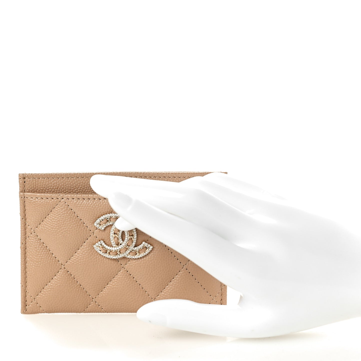 Caviar Quilted Crystal Card Holder Beige