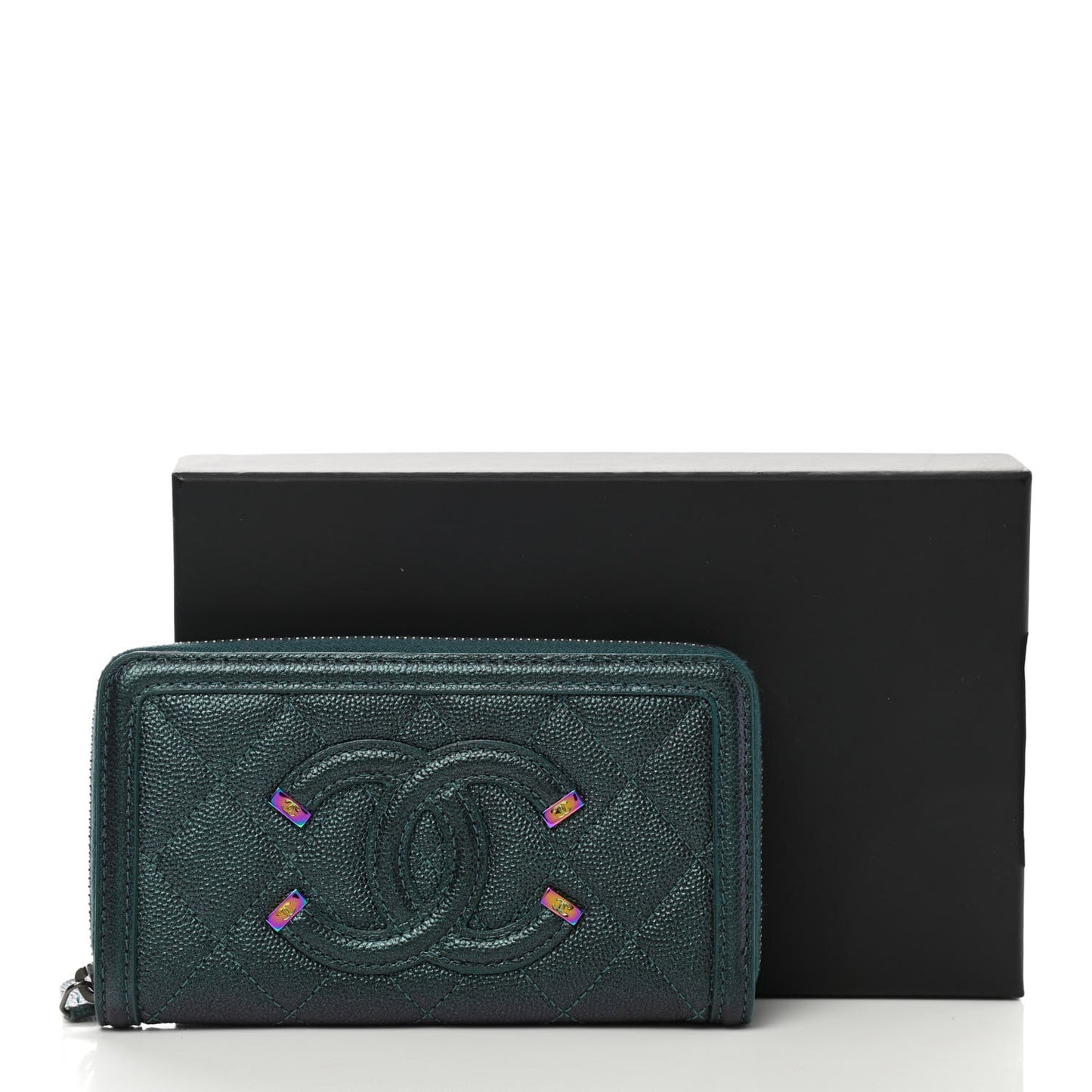 Iridescent Caviar Quilted Medium Filigree Zip Around Wallet Dark Turquoise