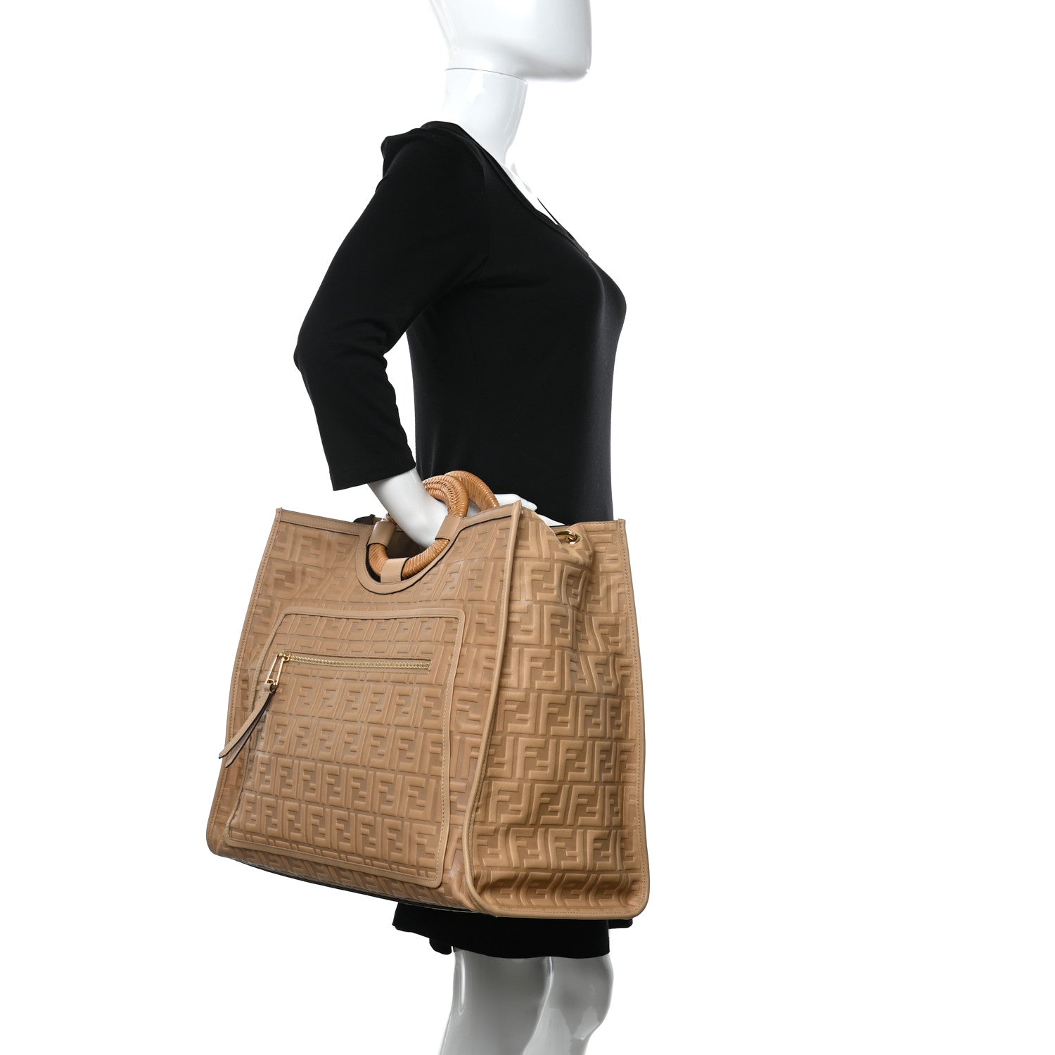 Fendi Vitello Cristallo Nature Wicker FF 1974 Embossed Large Runaway Shopper Tote Makeup 2 of 10