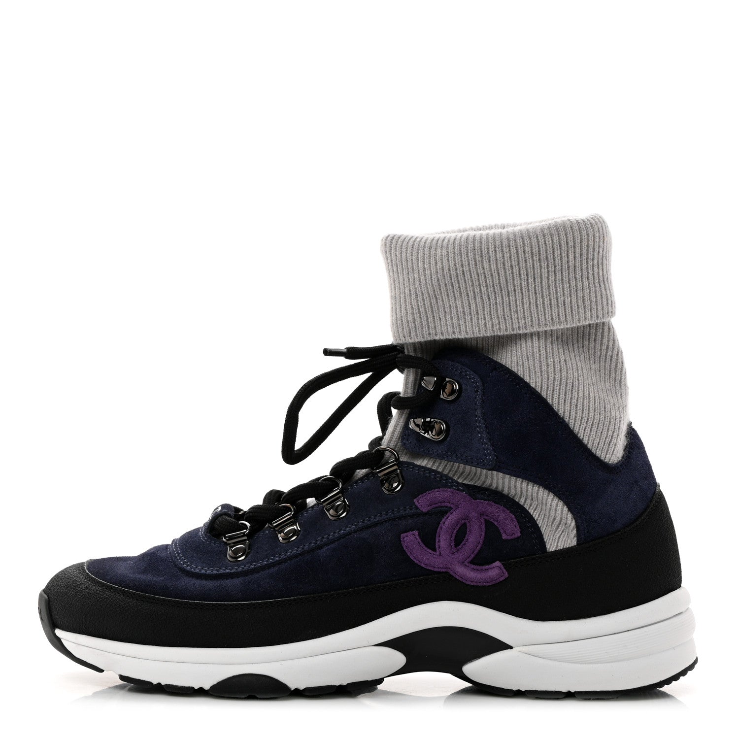 Chanel Suede Calfskin Knit CC Sneakers 38 Navy Purple Black Grey 1 of 9