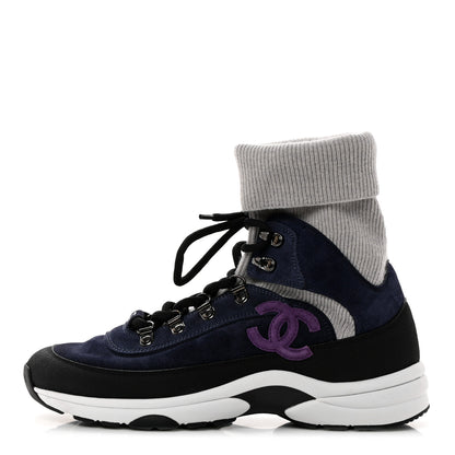 Chanel Suede Calfskin Knit CC Sneakers 38 Navy Purple Black Grey 1 of 9