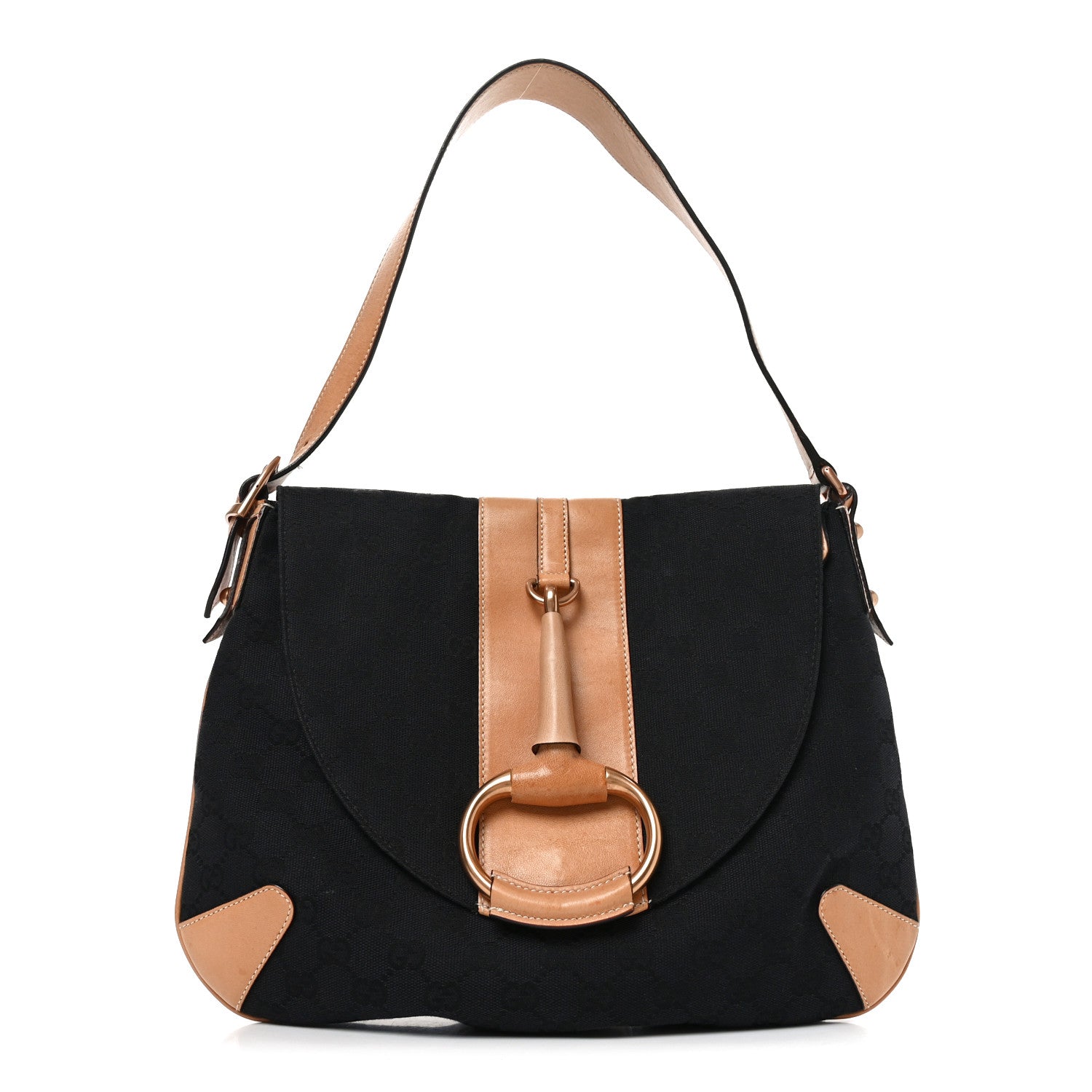 Gucci Monogram Calfskin Horsebit Chain Flap Shoulder Bag Black Brown 1 of 9