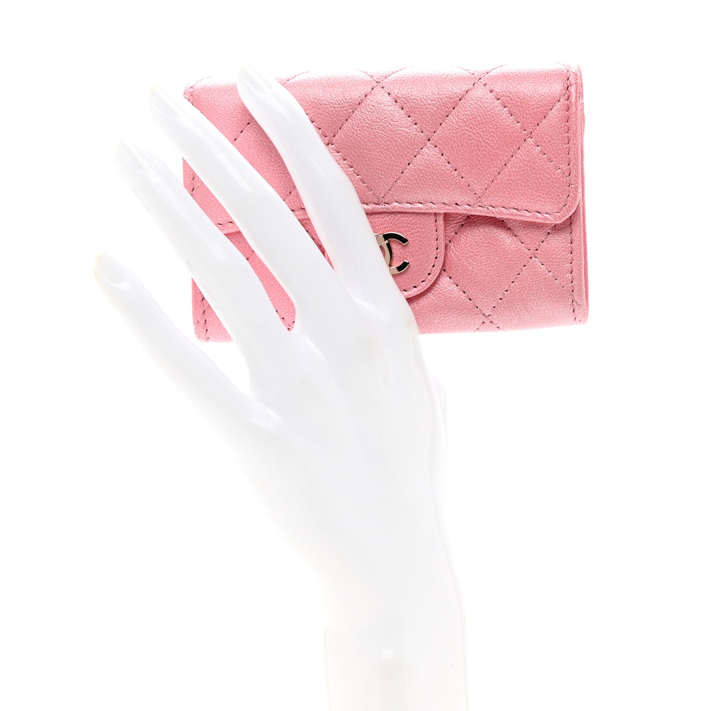 Cloudy Pearly Goatskin Quilted Flap Card Holder Wallet Light Pink
