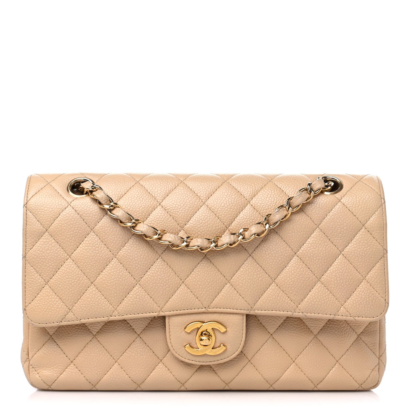 Caviar Quilted Medium Double Flap Beige