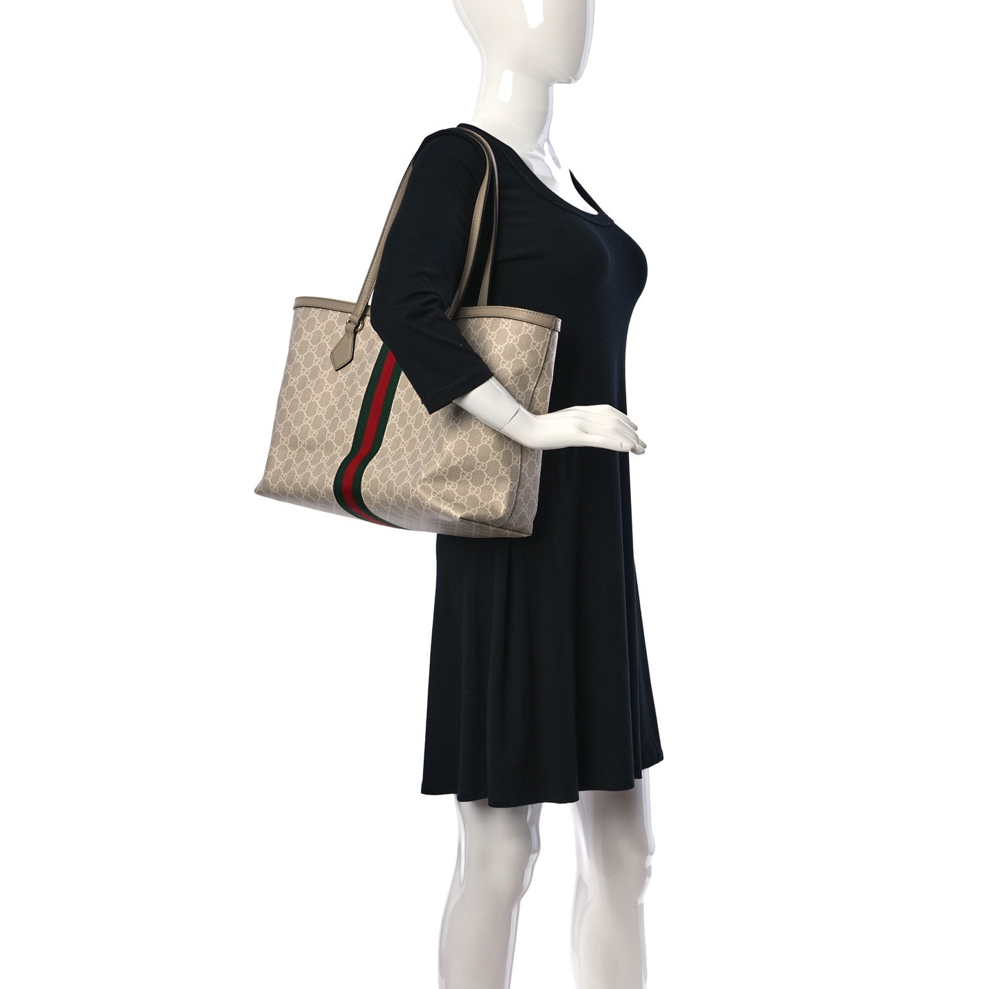GG Supreme Monogram Textured Dollar Calfskin Web Medium Ophidia Shopping Tote Beige Mystic White Oatmeal