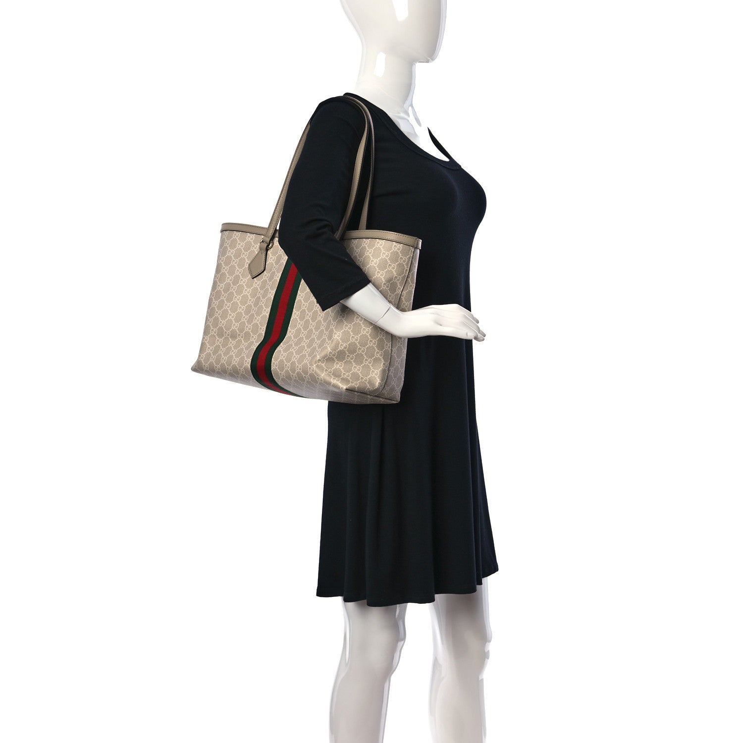 Gucci GG Supreme Monogram Textured Dollar Calfskin Web Medium Ophidia Shopping Tote Beige Mystic White Oatmeal 3 of 10