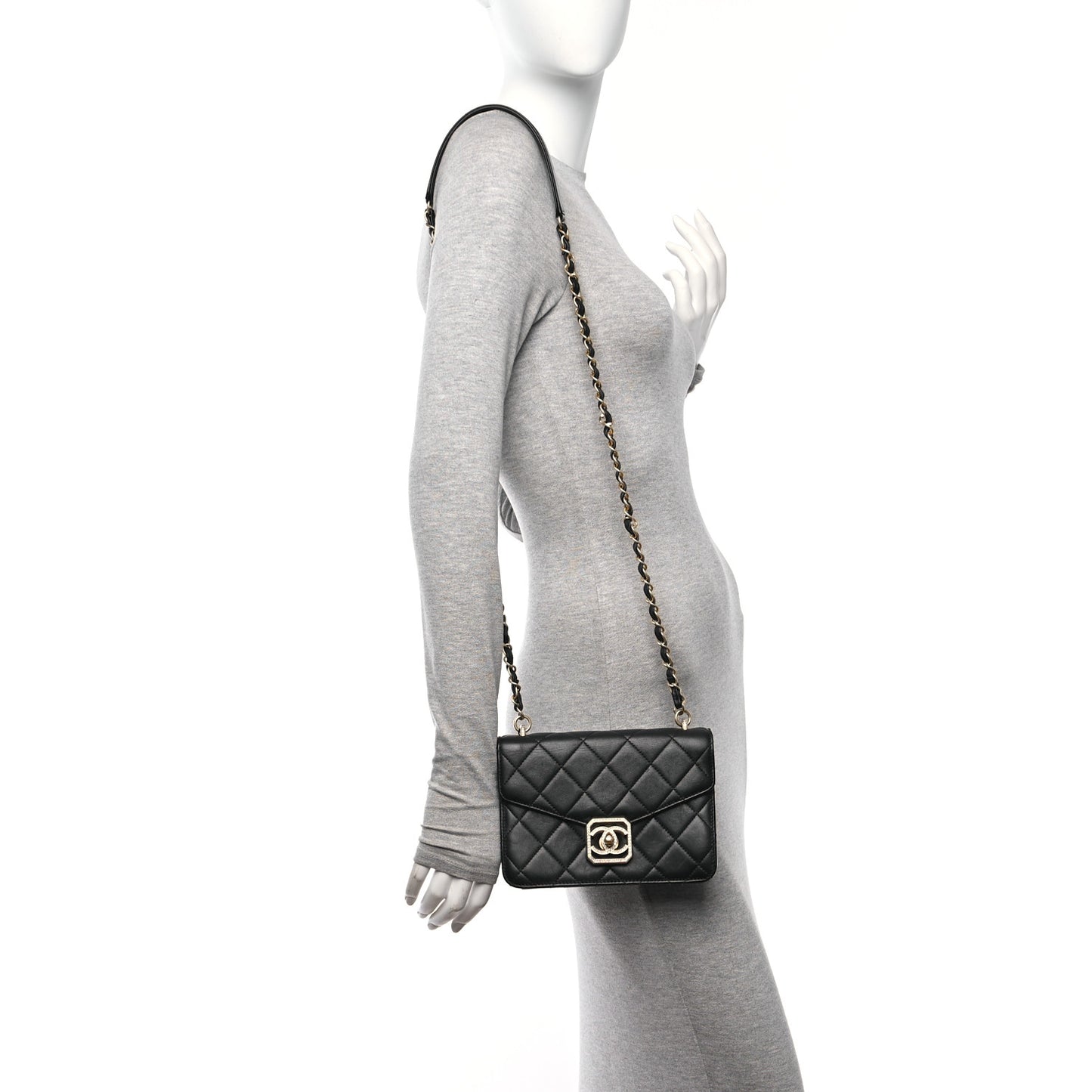 Calfskin Strass Quilted Flap Black