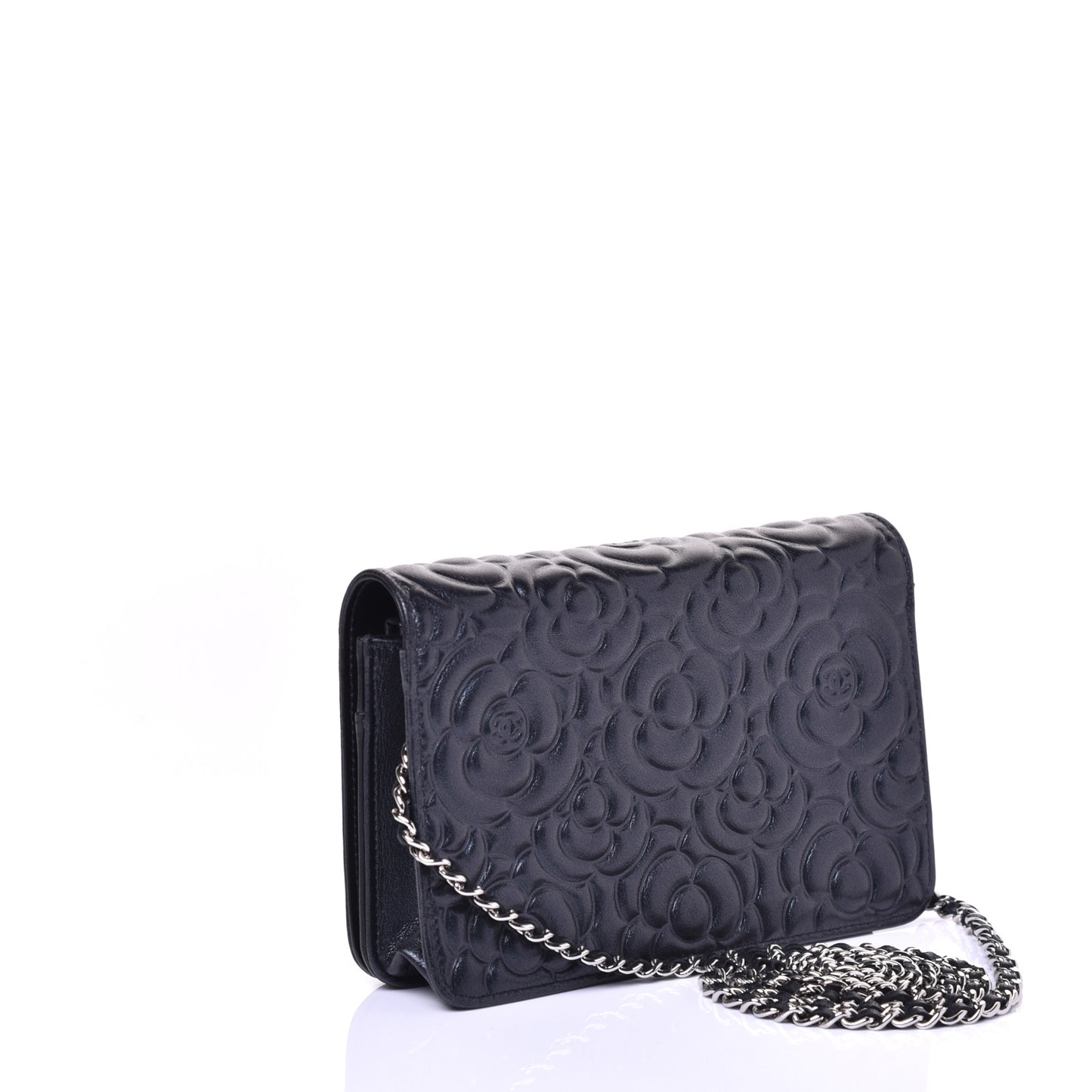 Goatskin Camellia Embossed Wallet on Chain WOC Black