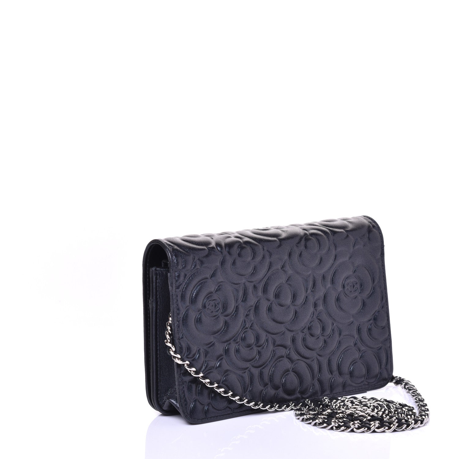 Chanel Goatskin Camellia Embossed Wallet on Chain WOC Black 3 of 9