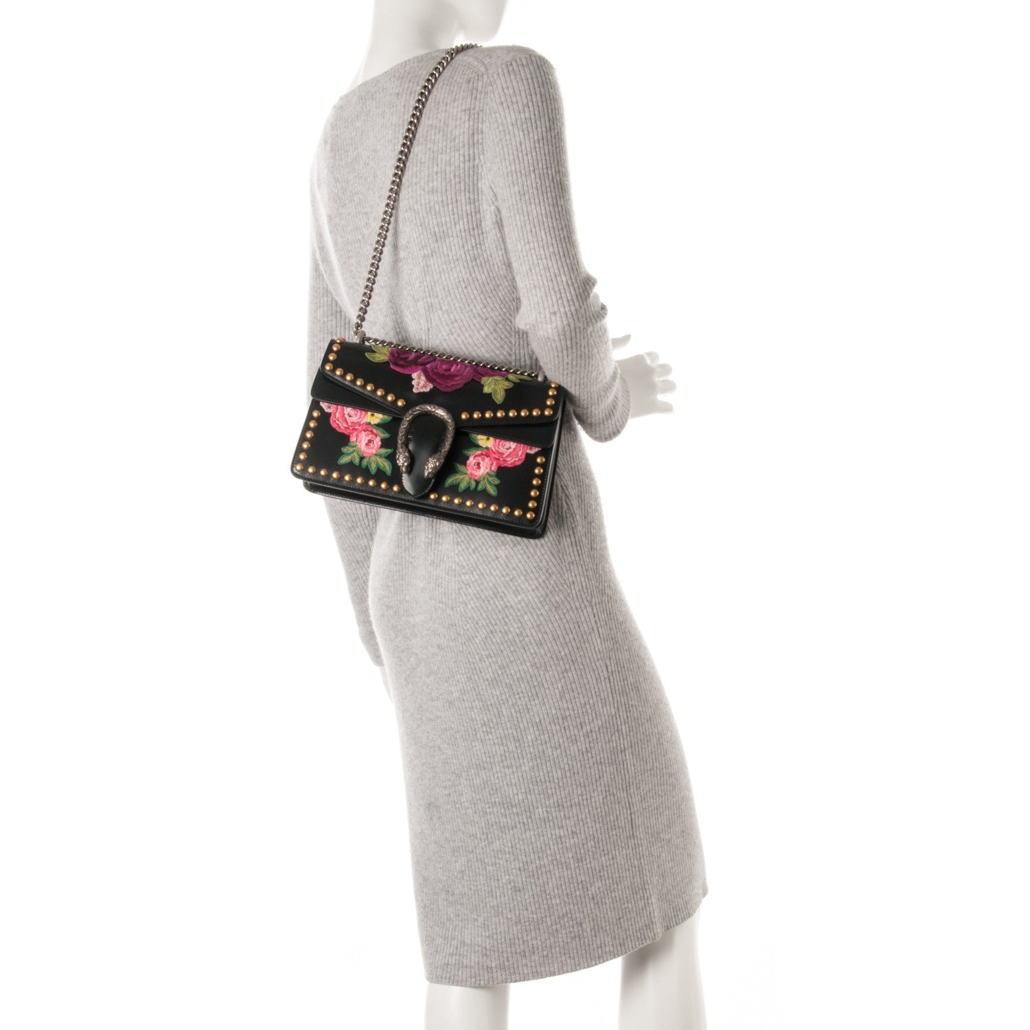 Gucci Calfskin Floral Embroidered Studded Small Dionysus Shoulder Bag Black 2 of 9