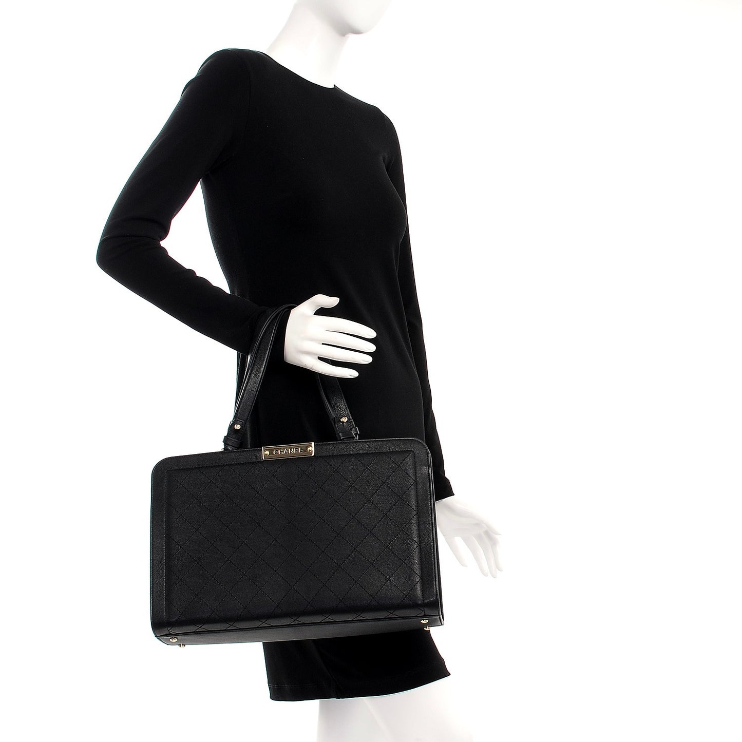 Grained Calfskin Stitched Large Label Click Shopper Tote Black