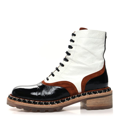 Chanel Patent Suede Lace Up Chain Boots 39 White Black 1 of 9