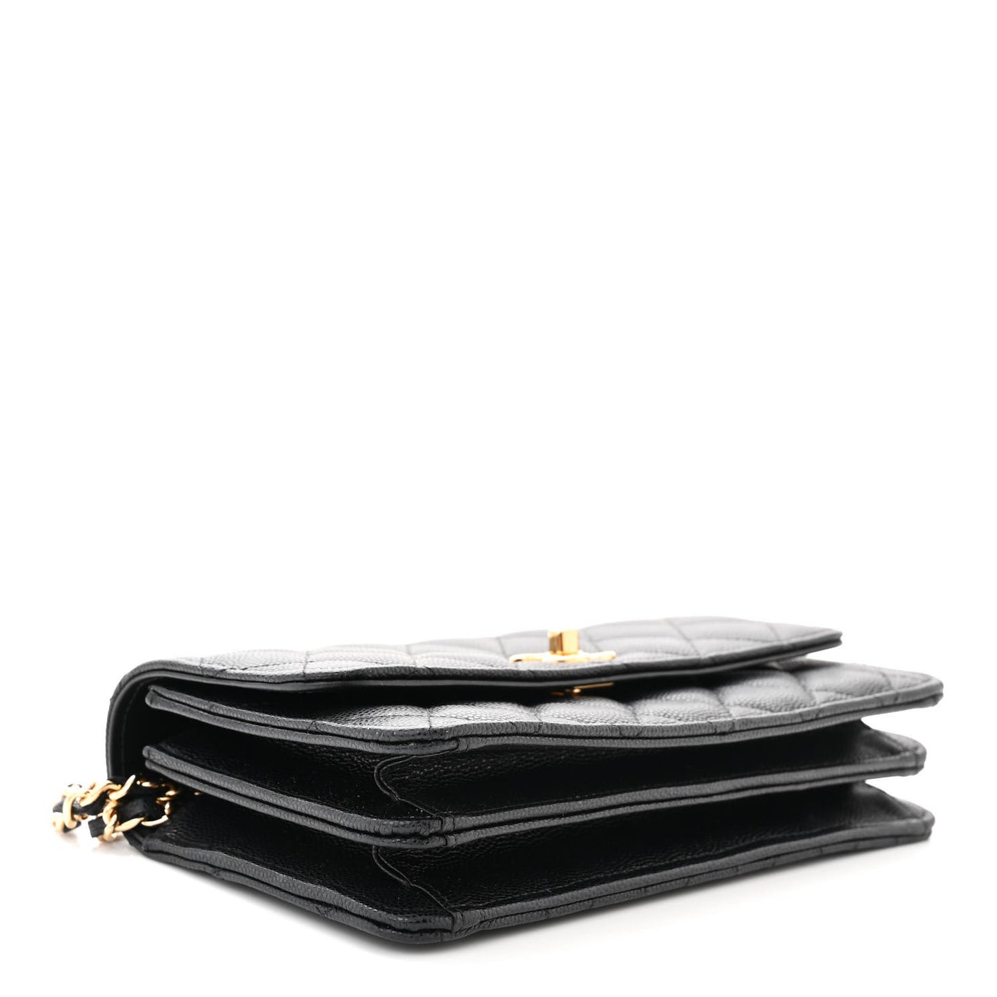 Shiny Caviar Quilted Flap Charm Wallet On Chain WOC Black