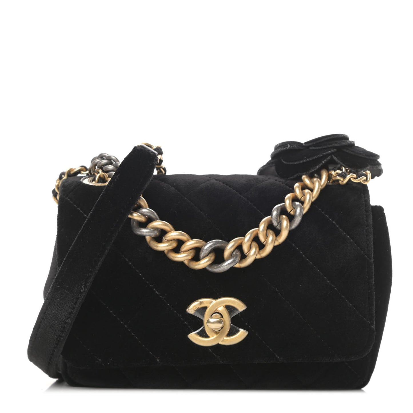 Velvet Quilted Small Camellia Flap Black