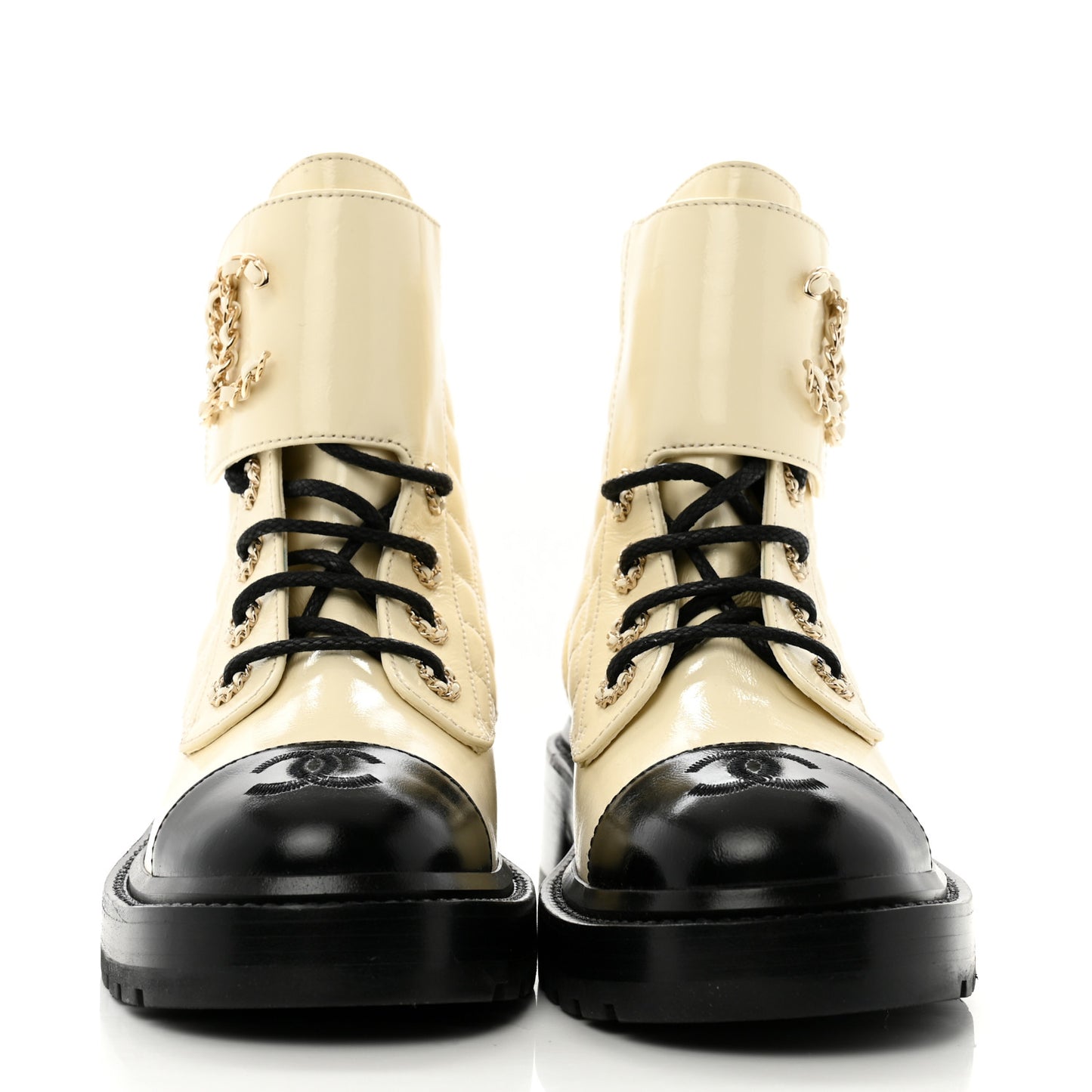 Shiny Calfskin Quilted Lace Up Combat Boots 37 Ivory Black