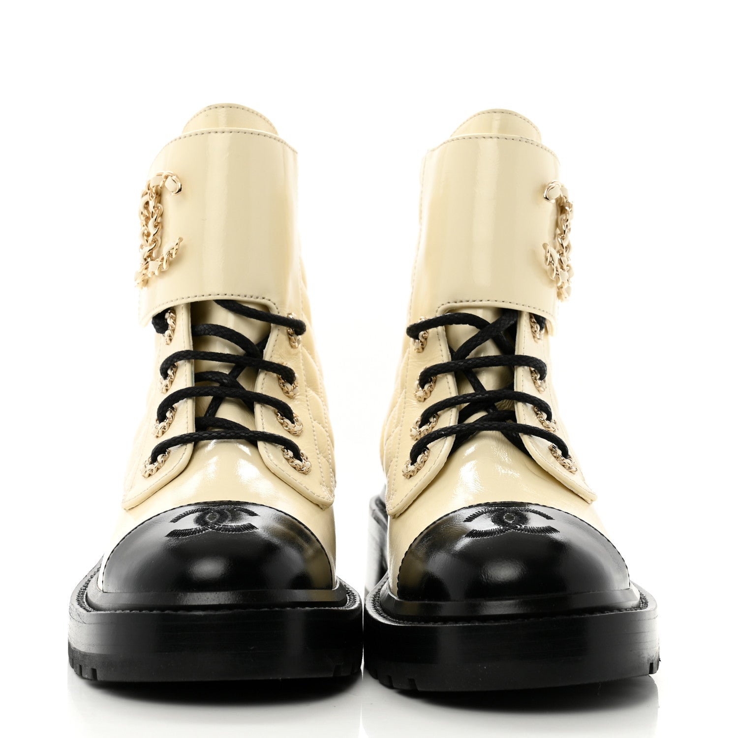 Chanel Shiny Calfskin Quilted Lace Up Combat Boots 37 Ivory Black 3 of 9
