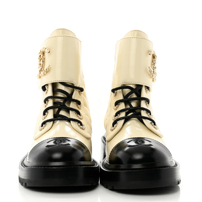 Chanel Shiny Calfskin Quilted Lace Up Combat Boots 37 Ivory Black 3 of 9