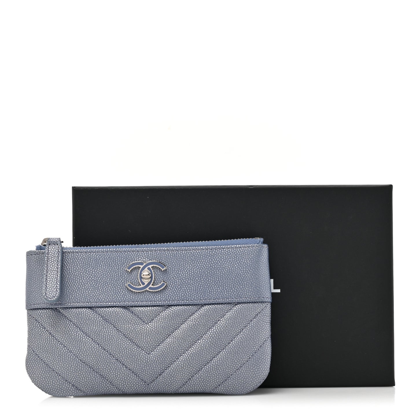 Metallic Caviar Chevron Quilted Small Vintage Mademoiselle Cosmetic Case Blue