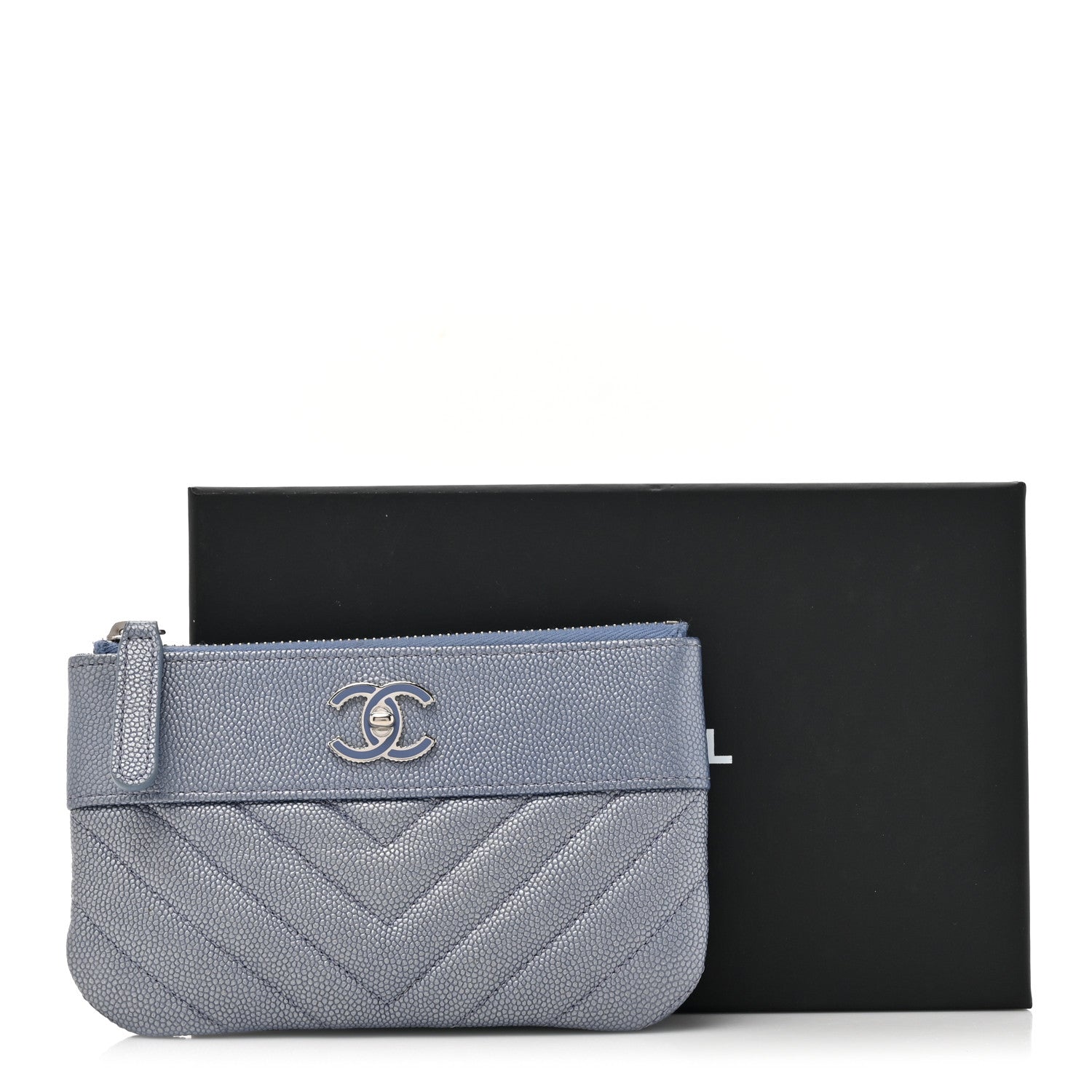Chanel Metallic Caviar Chevron Quilted Small Vintage Mademoiselle Cosmetic Case Blue 8 of 8