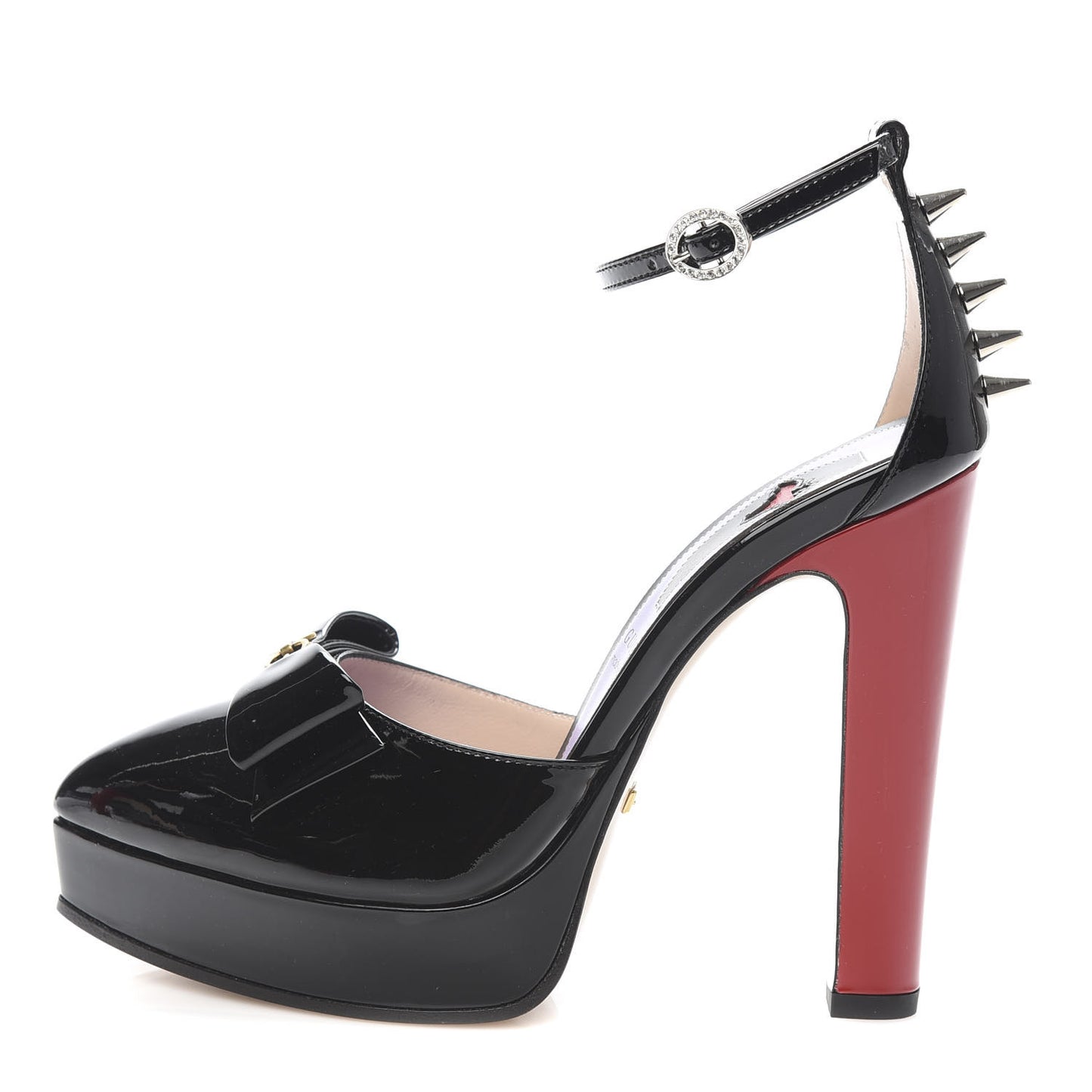 Patent Crystal GG Bow Sadie Spike Ankle Strap d'Orsay Platform High Heel Pumps 35.5 Black